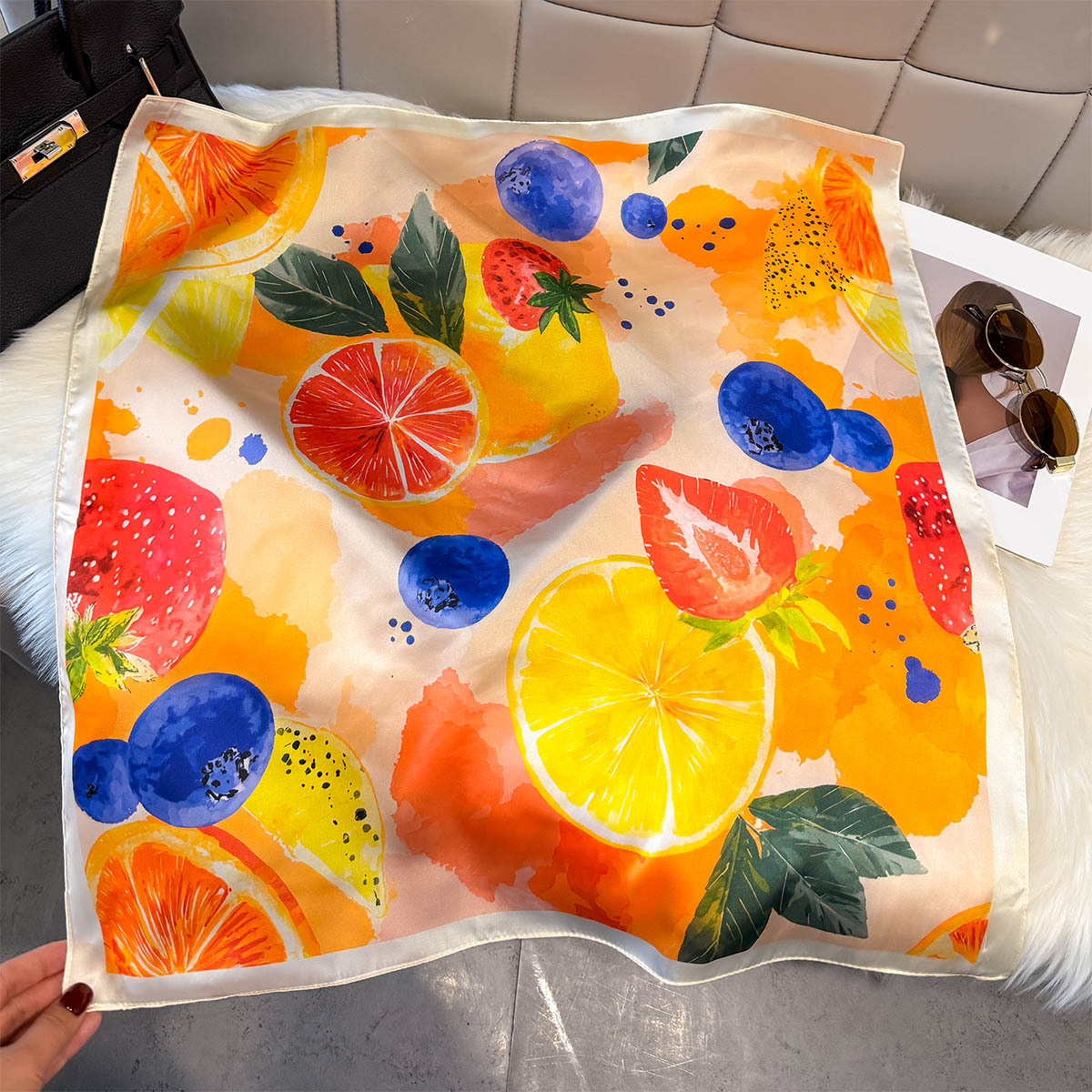 Ascot Neck Scarf - Fashion Lemon Fruit Pattern Square Silk